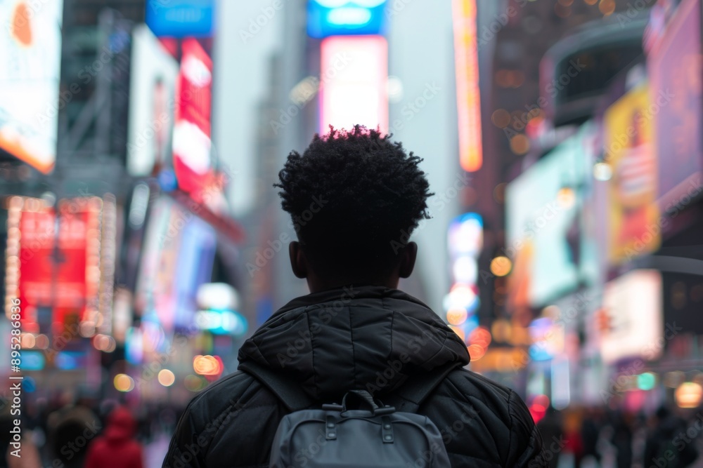 View of a young man facing away in blurred times square View of a young man facing away in blurred times square