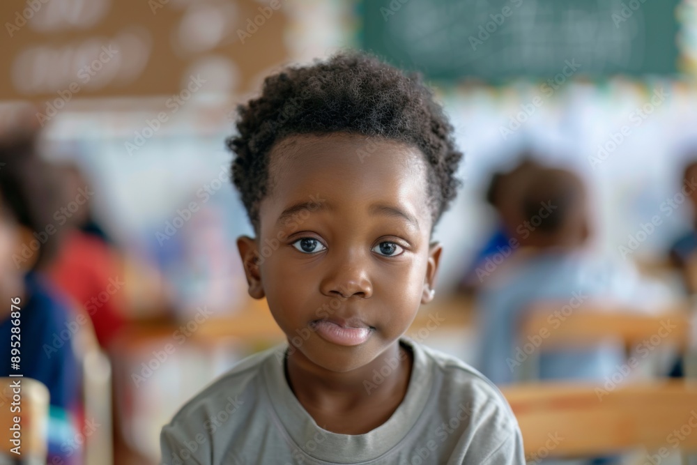 Cute little boy in blurred classroom looking at camera Cute little boy in blurred classroom looking at camera