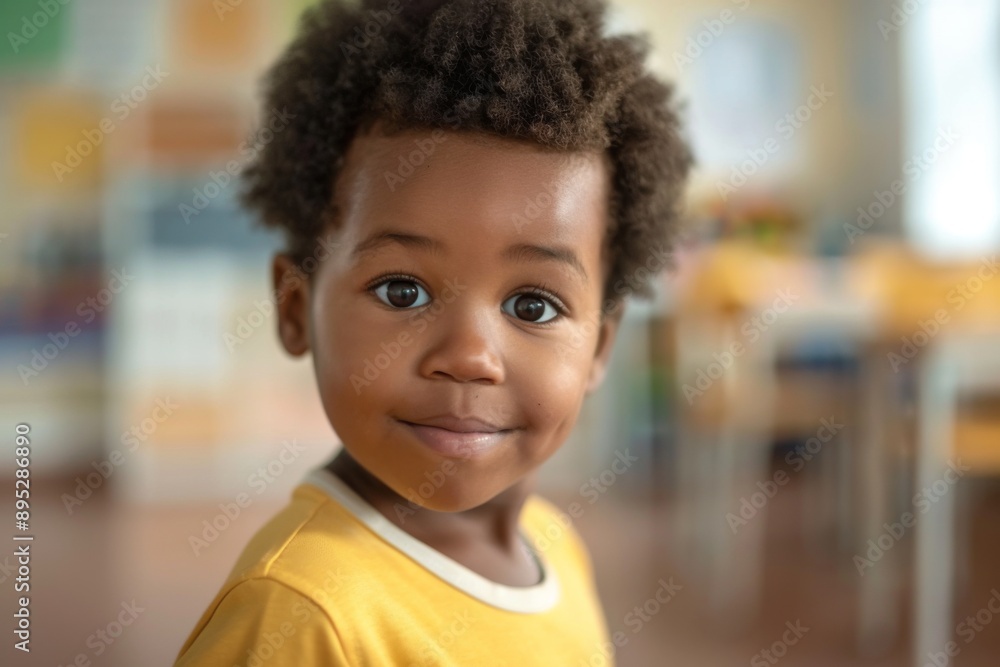 Cute little boy in blurred classroom looking at camera Cute little boy in blurred classroom looking at camera
