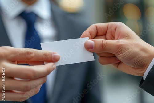 A man is handing a white business card to another man.