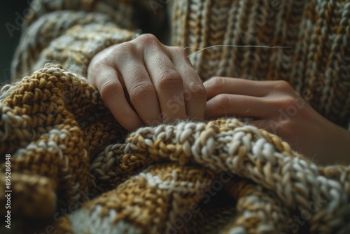 Old hands mending a worn sweater