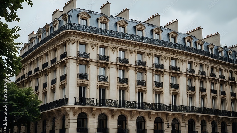 Fototapeta premium Elegant Parisian building with ornate balconies and windows.