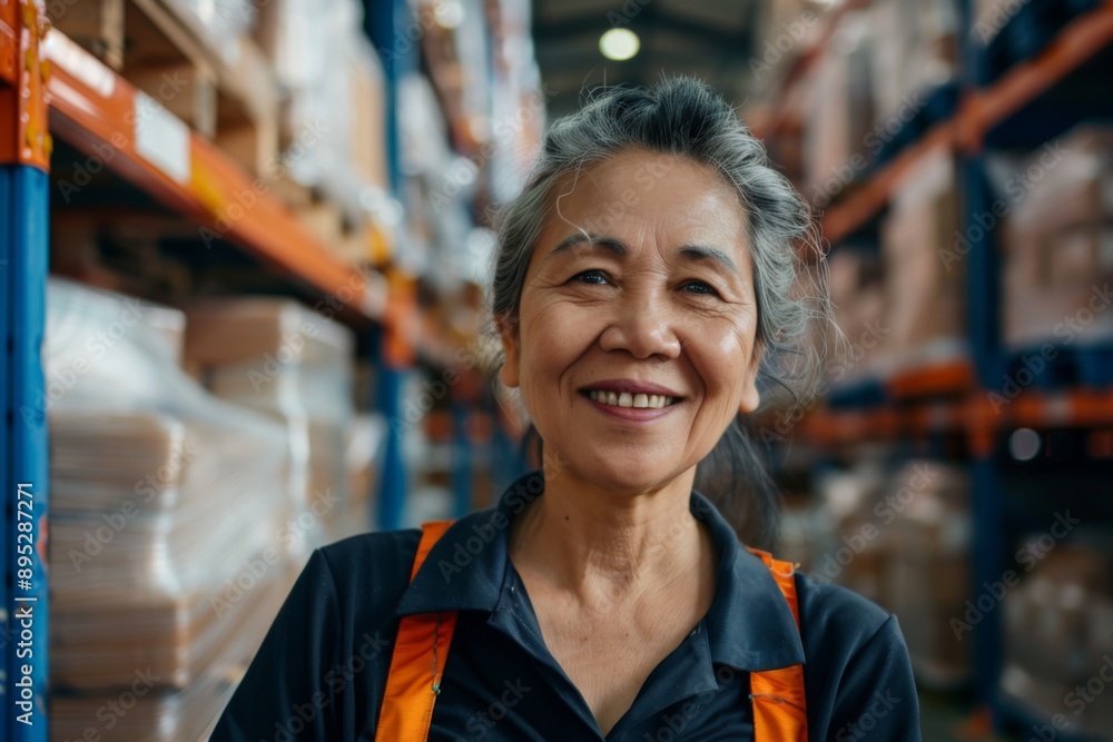 Portrait of a smiling middle aged Asian female warehouse worker Portrait of a smiling middle aged Asian female warehouse worker