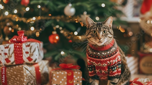A charming cat dressed in a festive sweater relaxing beside a gorgeous Christmas tree adorned with colorful ornaments and sparkling lights showcasing the spirit of the holiday season © Art Genie