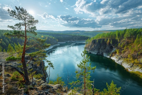 Geography, potamology. Middle Siberia (south part). Panorama of crystal clear water copious river and taiga forests, Typical coniform hill oreography. Absence of people - generative ai photo