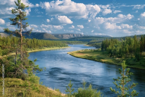 Geography, potamology. Middle Siberia (south part). Panorama of crystal clear water copious river and taiga forests, Typical coniform hill oreography. Absence of people - generative ai photo