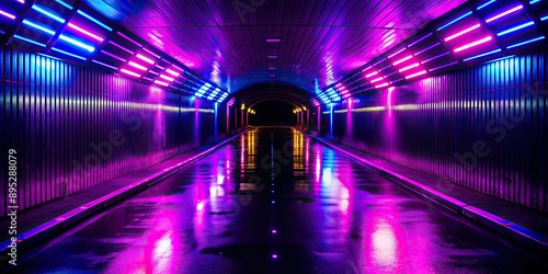 Neon lights reflecting off dark tunnel walls , vibrant, colorful, illumination, glowing, psychedelic, abstract, bright