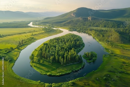 Geography, potamology. Middle Siberia (south part). Panorama of crystal clear water copious river and taiga forests, Typical coniform hill oreography. Absence of people - generative ai photo