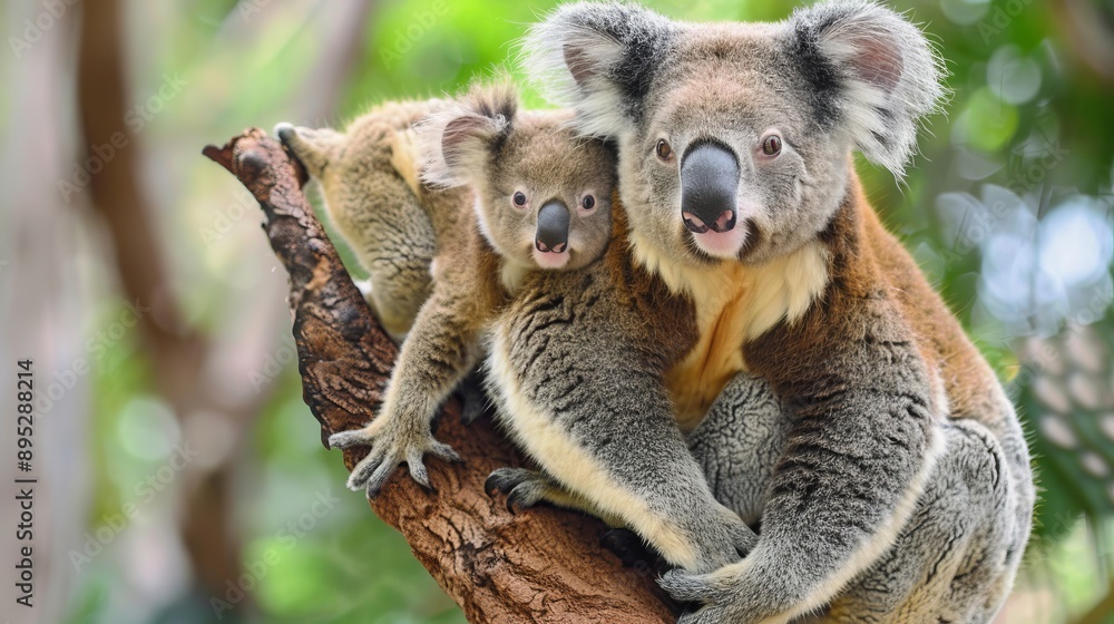 Obraz premium Mother koala with baby on her back, on eucalyptus tree.