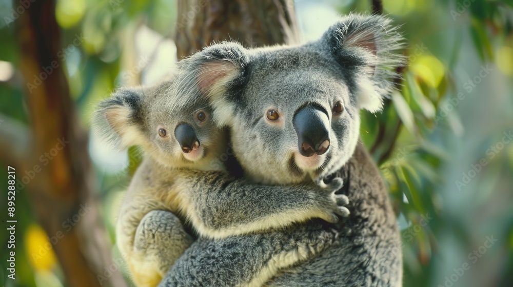 Obraz premium Mother koala with baby on her back, on eucalyptus tree.