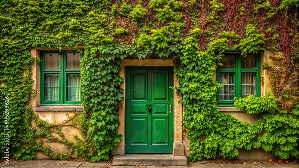 Green building with vines, a window, and a green door , building, green, vines, window, door, architecture, facade Green building with vines, a window, and a green door , building, green, vines, window, door, architecture, facade