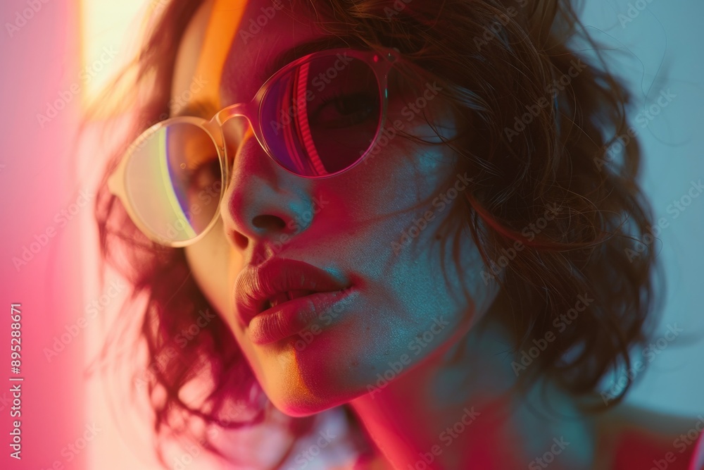 A woman posing with sunglasses and a pink shirt, suitable for fashion or lifestyle use A woman posing with sunglasses and a pink shirt, suitable for fashion or lifestyle use