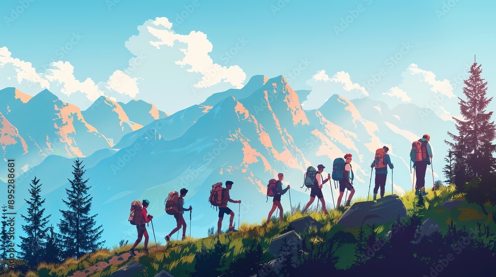 Fototapeta premium Group of mountaineers walking on the edge