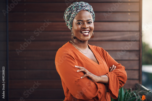 Fototapeta Smile, crossed arms and portrait of black woman by office with confidence for fashion career