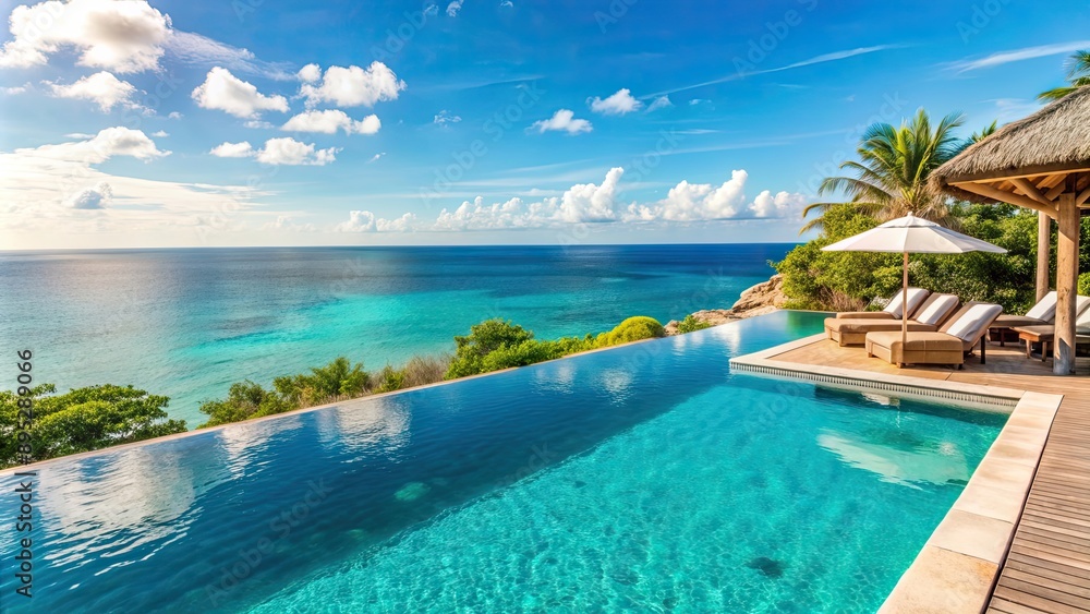 Fototapeta premium Luxurious resort with infinity pool overlooking ocean, luxury, resort, vacation, relaxation, travel, accommodation