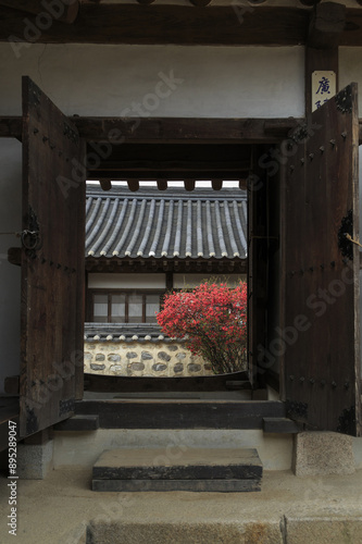 Jung-gu, Seoul, South Korea - April 8, 2015: Spring view of open door in a tiled house against Japnese Quince with red flowers and stonewall at Namsangol Hanok village
 photo