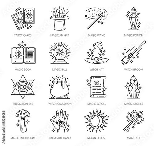 Witchcraft and magic icons. Esoteric, astrology, mystery vector symbols with thin line witch and magician hats, alchemy potion, tarot and wizard wand. Magic book, mushroom, crystal ball, hand and eye