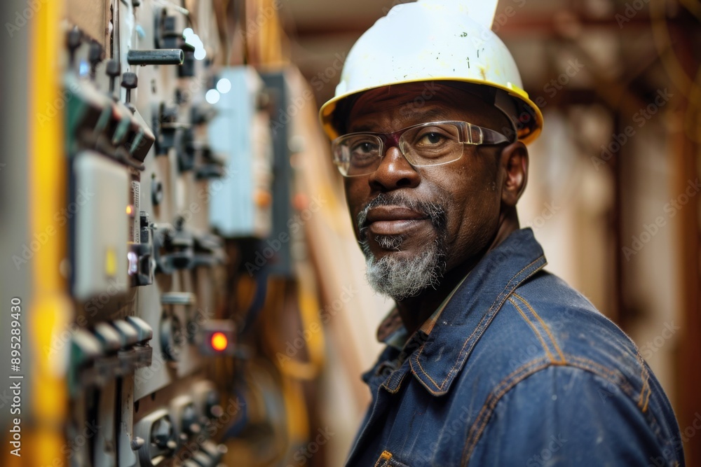 Portrait of a middle aged African American male electrician Portrait of a middle aged African American male electrician