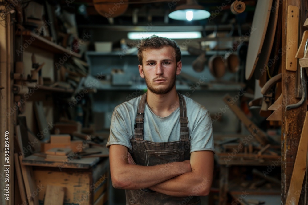 Portrait of a young Caucasian male carpenter in workshop Portrait of a young Caucasian male carpenter in workshop