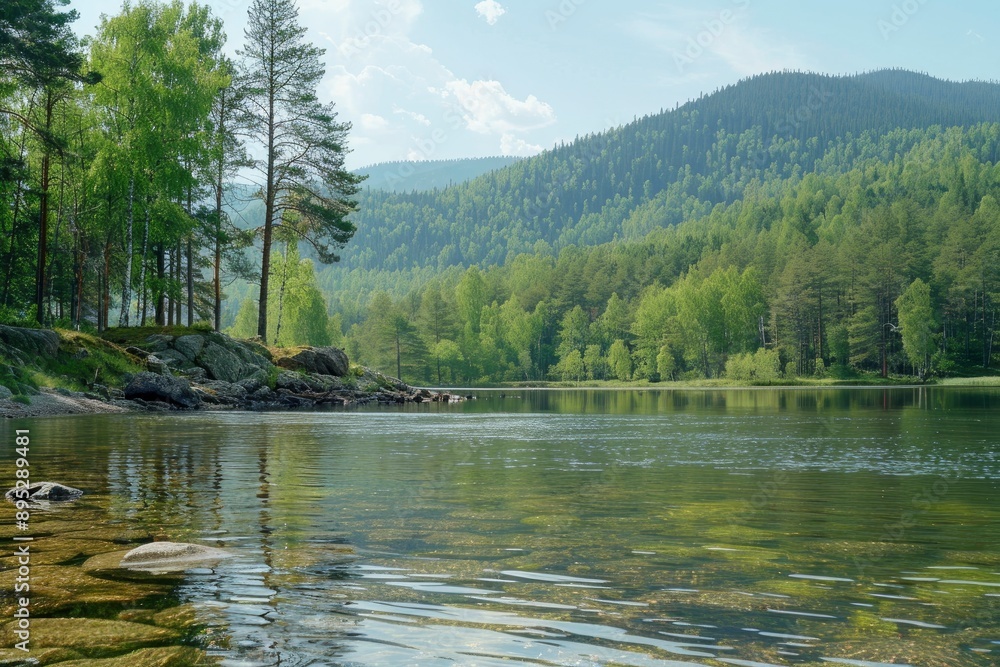 Geography, potamology. Middle Siberia (south part). Panorama of crystal clear water copious river and taiga forests, Typical coniform hill oreography. Absence of people - generative ai Geography, potamology. Middle Siberia (south part). Panorama of crystal clear water copious river and taiga forests, Typical coniform hill oreography. Absence of people - generative ai