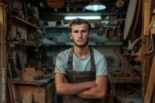 Portrait of a young Caucasian male carpenter in workshop