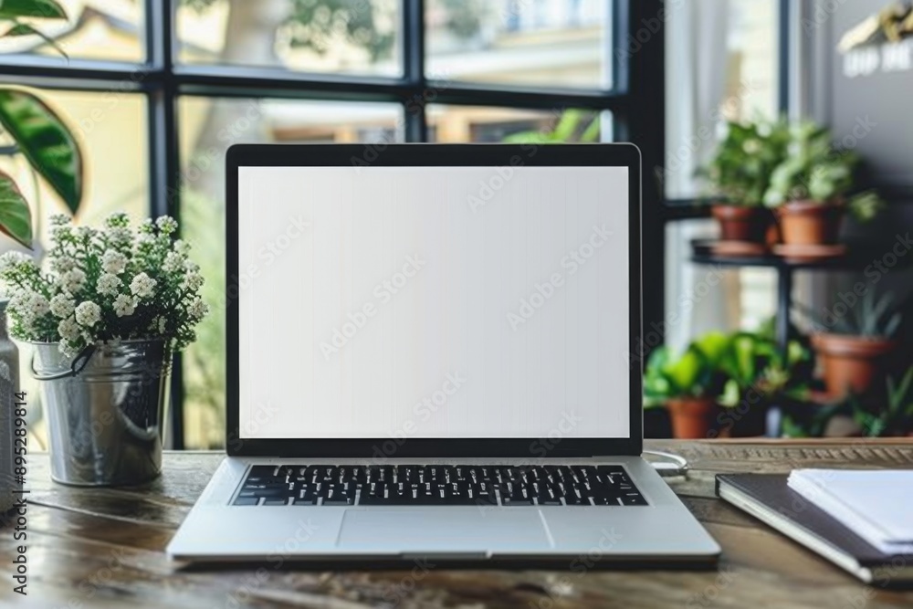 Laptop on home office desk with blank screen Laptop on home office desk with blank screen