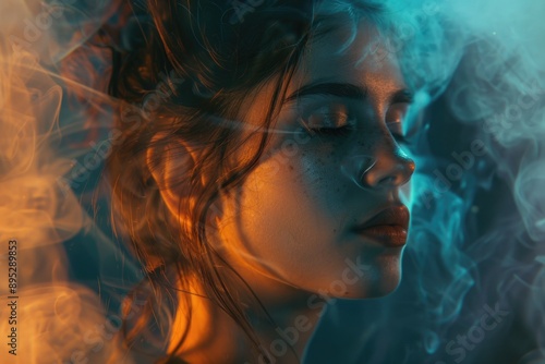 Close-up shot of a woman's face with smoke emerging from her mouth and nose