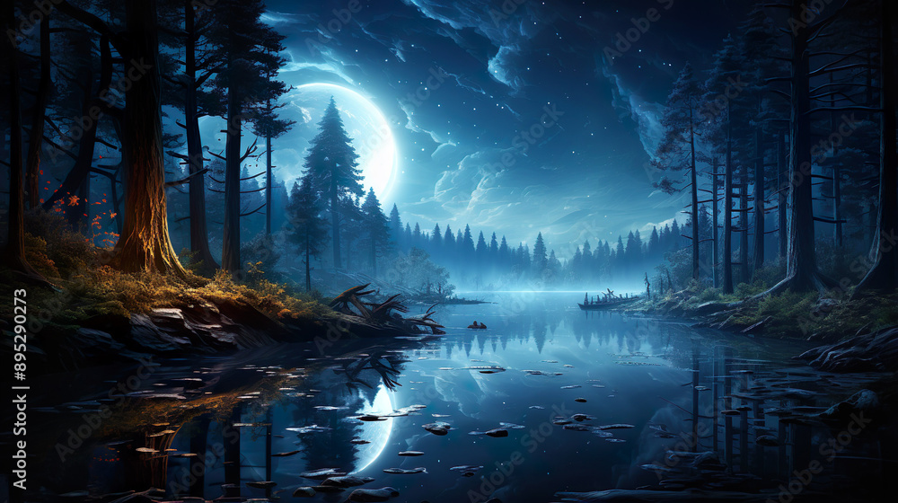 A serene forest in moonlight under a starry sky A serene forest in moonlight under a starry sky