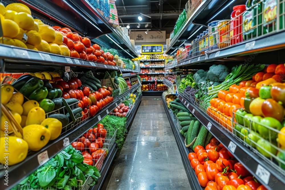 Vibrant grocery store aisle with an array of fresh vegetables Vibrant grocery store aisle with an array of fresh vegetables