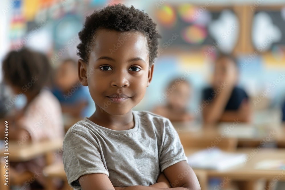 Cute little boy in blurred classroom looking at camera Cute little boy in blurred classroom looking at camera