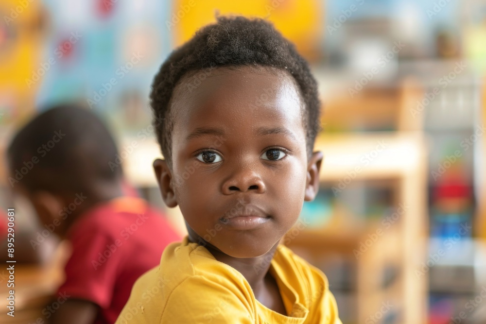 Cute little boy in blurred classroom looking at camera Cute little boy in blurred classroom looking at camera