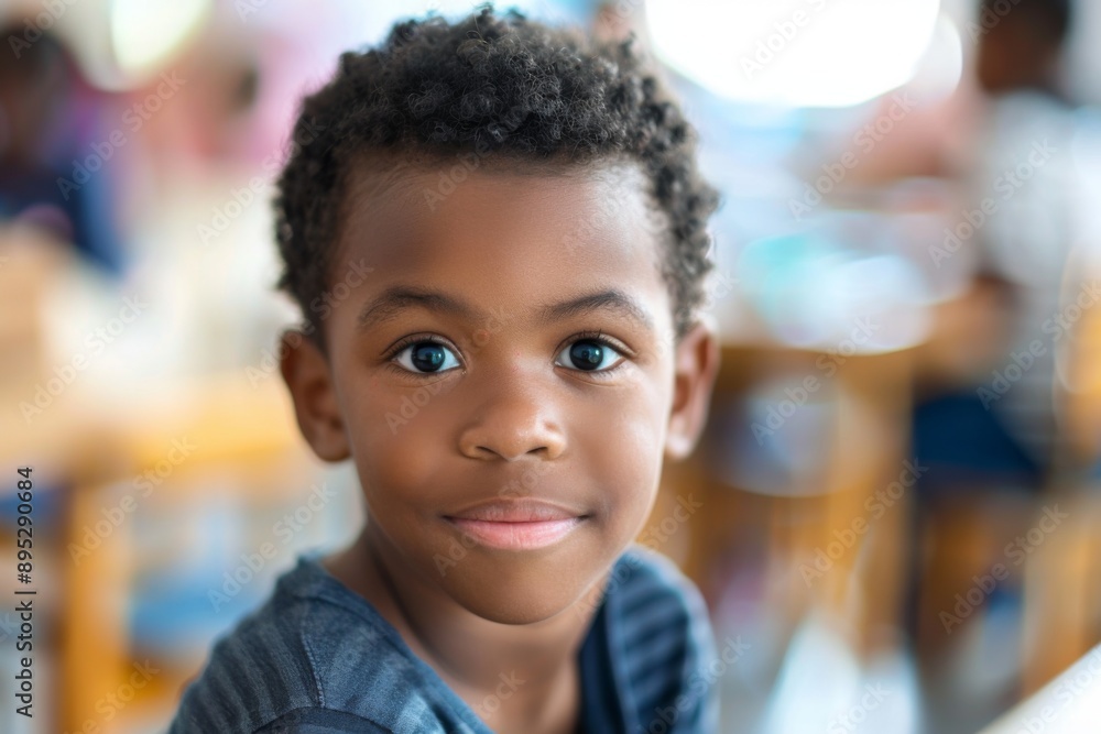 Cute little boy in blurred classroom looking at camera Cute little boy in blurred classroom looking at camera