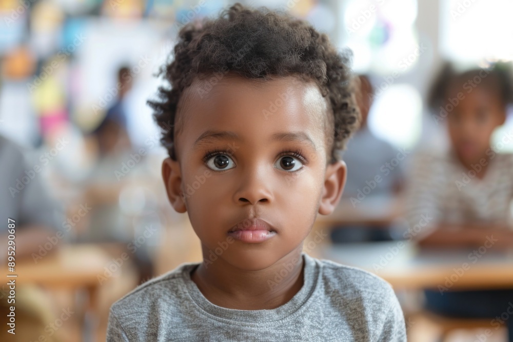 Cute little boy in blurred classroom looking at camera Cute little boy in blurred classroom looking at camera