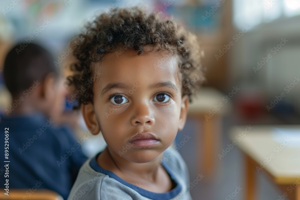 Cute little boy in blurred classroom looking at camera Cute little boy in blurred classroom looking at camera