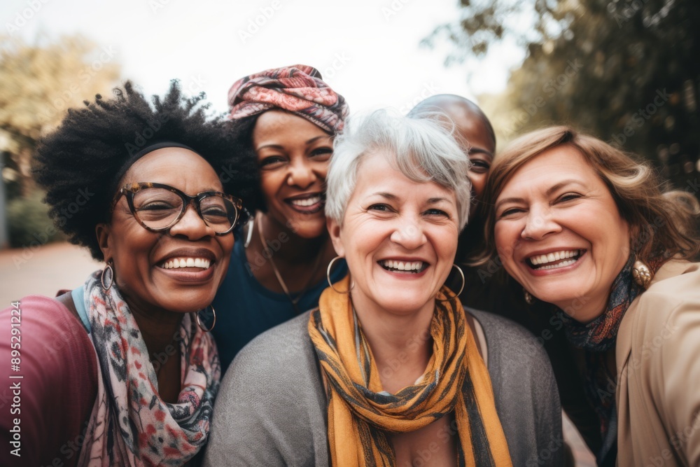 Diverse group of seniors taking a selfie together outdoors Diverse group of seniors taking a selfie together outdoors