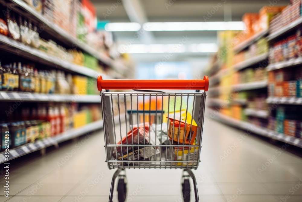 Shopping cart in a supermarket aisle Shopping cart in a supermarket aisle