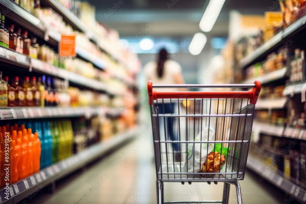 Shopping cart in a supermarket aisle Shopping cart in a supermarket aisle