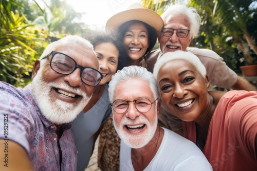 Diverse group of seniors taking a selfie together outdoors