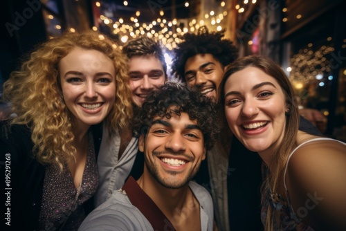 Close up of diverse friends taking a selfie during new years