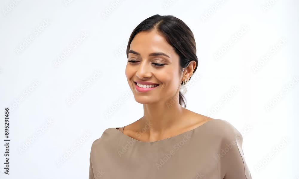 Medium shot portrait video of a satisfied woman in her 30s that is wearing a simple tunic against a white background Medium shot portrait video of a satisfied woman in her 30s that is wearing a simple tunic against a white background