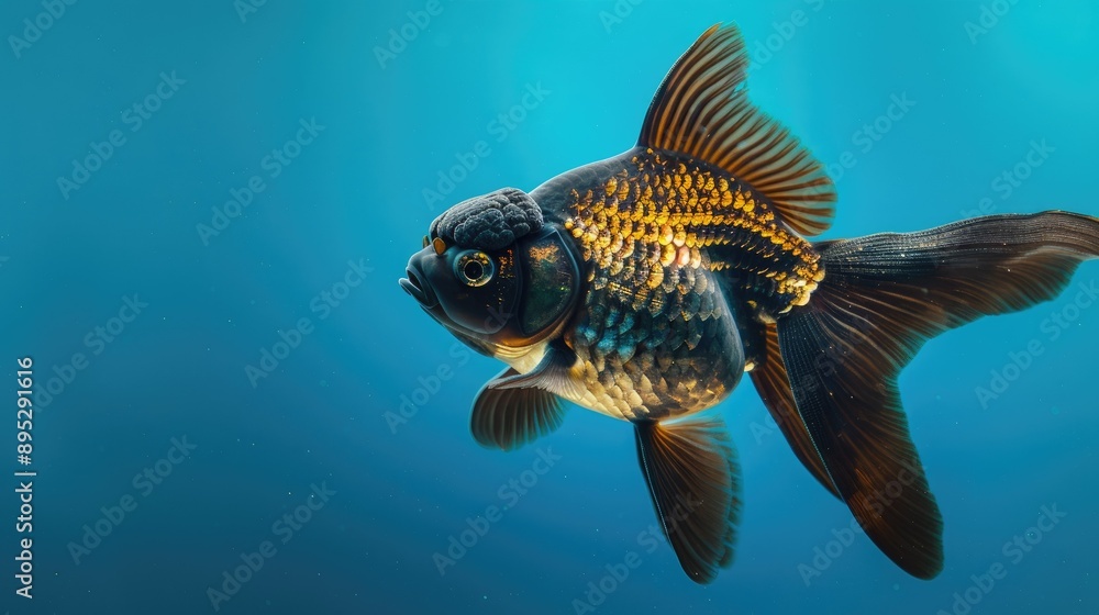 Fototapeta premium Black Moor Goldfish Swimming in Blue Water
