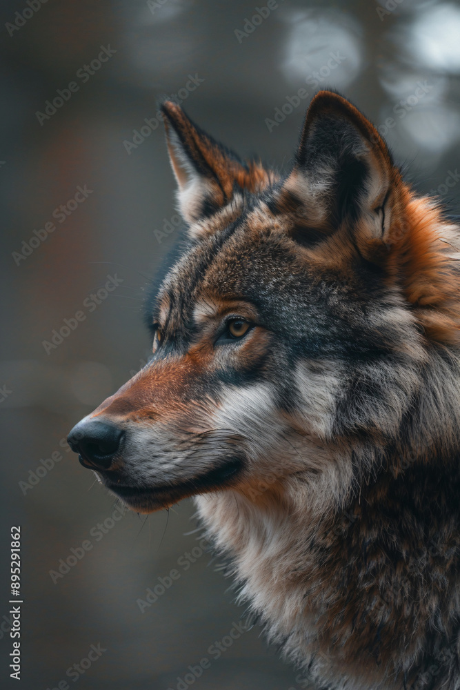 Wolf Portrait: A close-up portrait of a majestic wolf, its piercing gaze and intricate fur patterns captivating the viewer. The image evokes a sense of wildness and power, with the blurred forest back Wolf Portrait: A close-up portrait of a majestic wolf, its piercing gaze and intricate fur patterns captivating the viewer. The image evokes a sense of wildness and power, with the blurred forest back