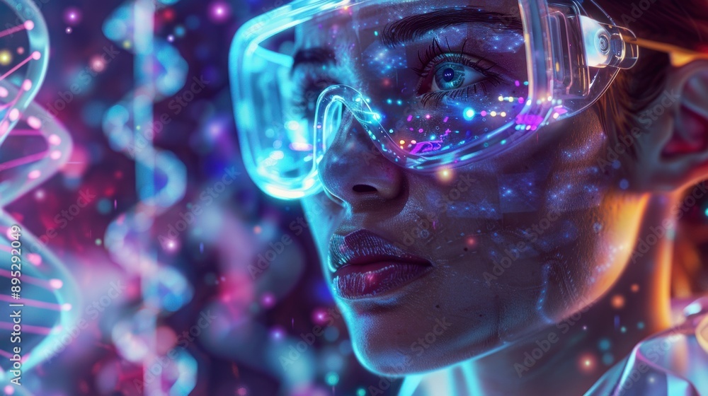 A Woman Wearing Safety Glasses Looks Intently at a Holographic Image of a DNA Double Helix A Woman Wearing Safety Glasses Looks Intently at a Holographic Image of a DNA Double Helix
