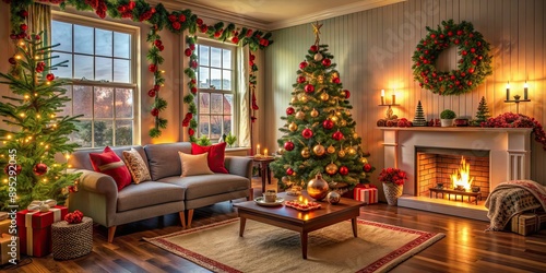 Wallpaper Mural Vibrant and festive Christmas decorations in a cozy living room setting, Christmas, holiday, decorations, ornaments, festive Torontodigital.ca