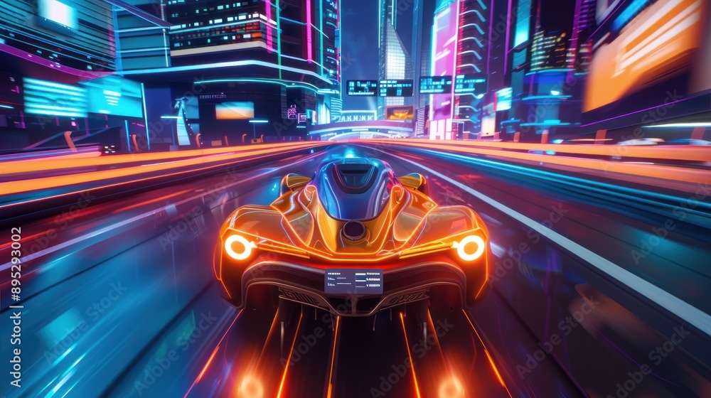 A futuristic sports car speeding through a neonlit city at night A futuristic sports car speeding through a neonlit city at night