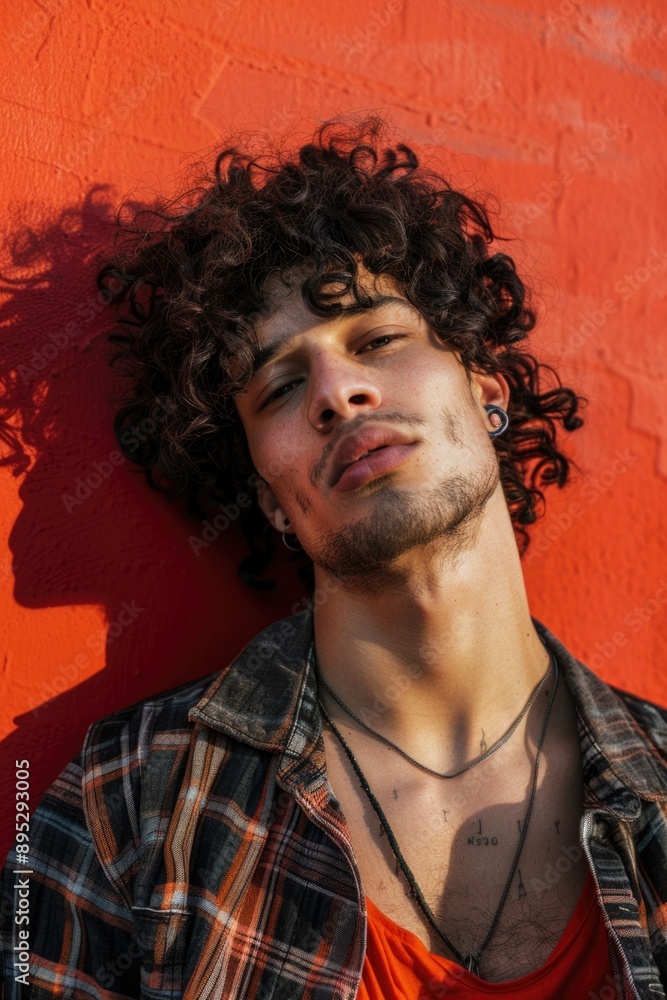 A man with curly hair is leaning against a red wall, providing a unique and colorful backdrop for your story or design A man with curly hair is leaning against a red wall, providing a unique and colorful backdrop for your story or design