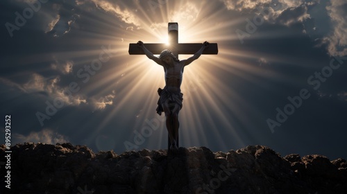 Jesus on the cross at Golgotha close to the sky This image captures historical accuracy. Depict sacred and important moments with the utmost detail and reverence.