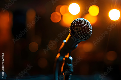 A close-up of a microphone on stage with blurred lights in the background, representing a vibrant performance setting.