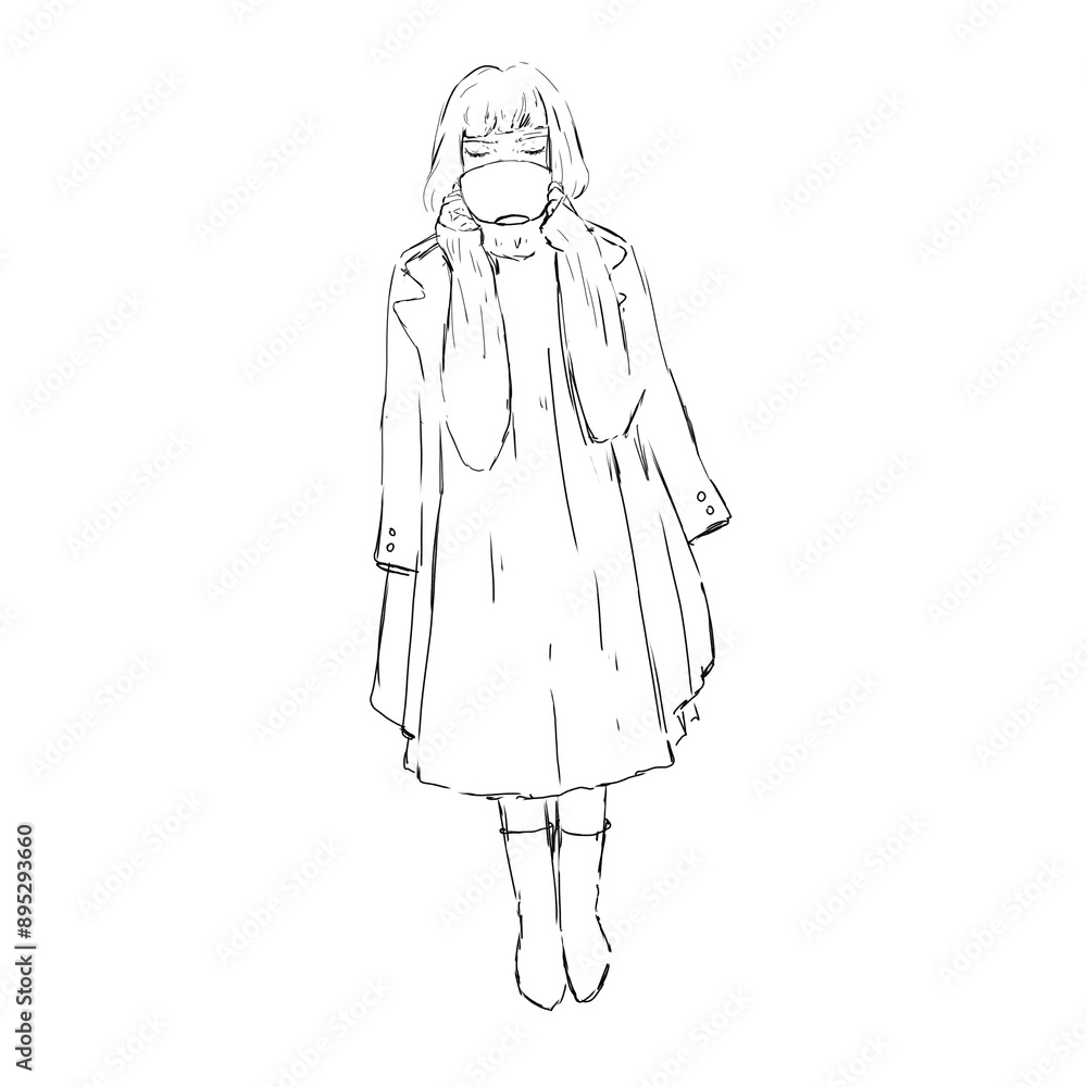 Woman in trench coat and dress drinks coffee from a cup while standing sketch black and white digital illustration Woman in trench coat and dress drinks coffee from a cup while standing sketch black and white digital illustration