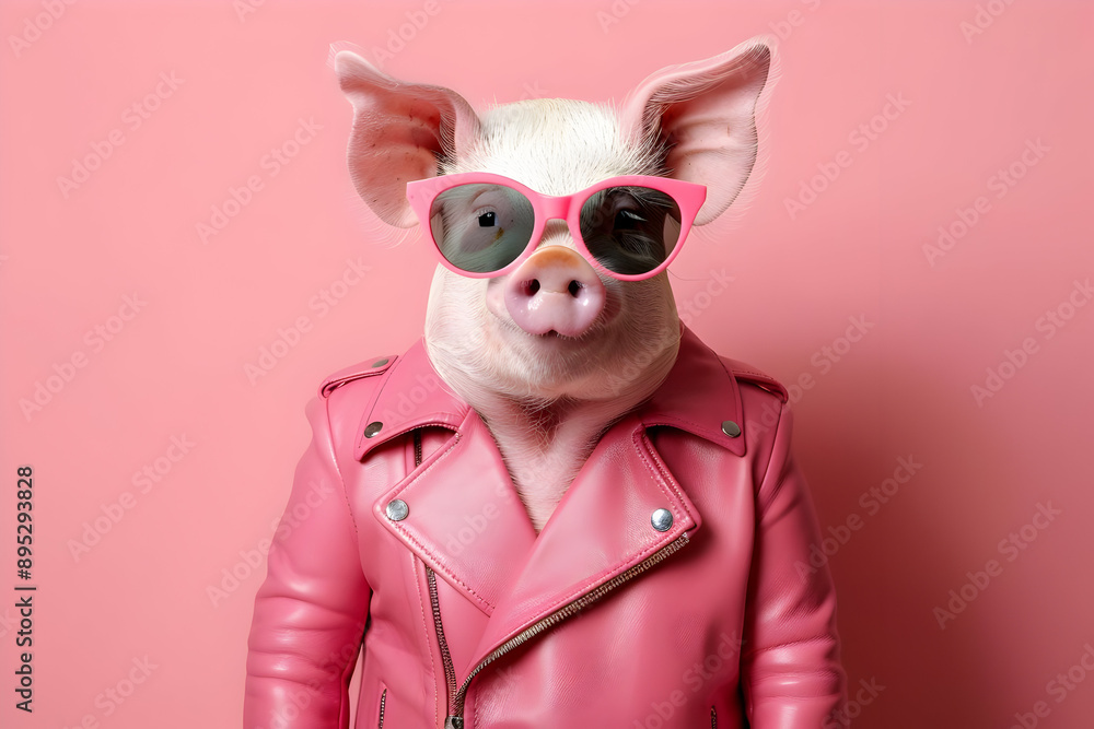 Chic pig in pink leather jacket and sunglasses, set against a solid pink background. Stylish and humorous animal portrait. Chic pig in pink leather jacket and sunglasses, set against a solid pink background. Stylish and humorous animal portrait.